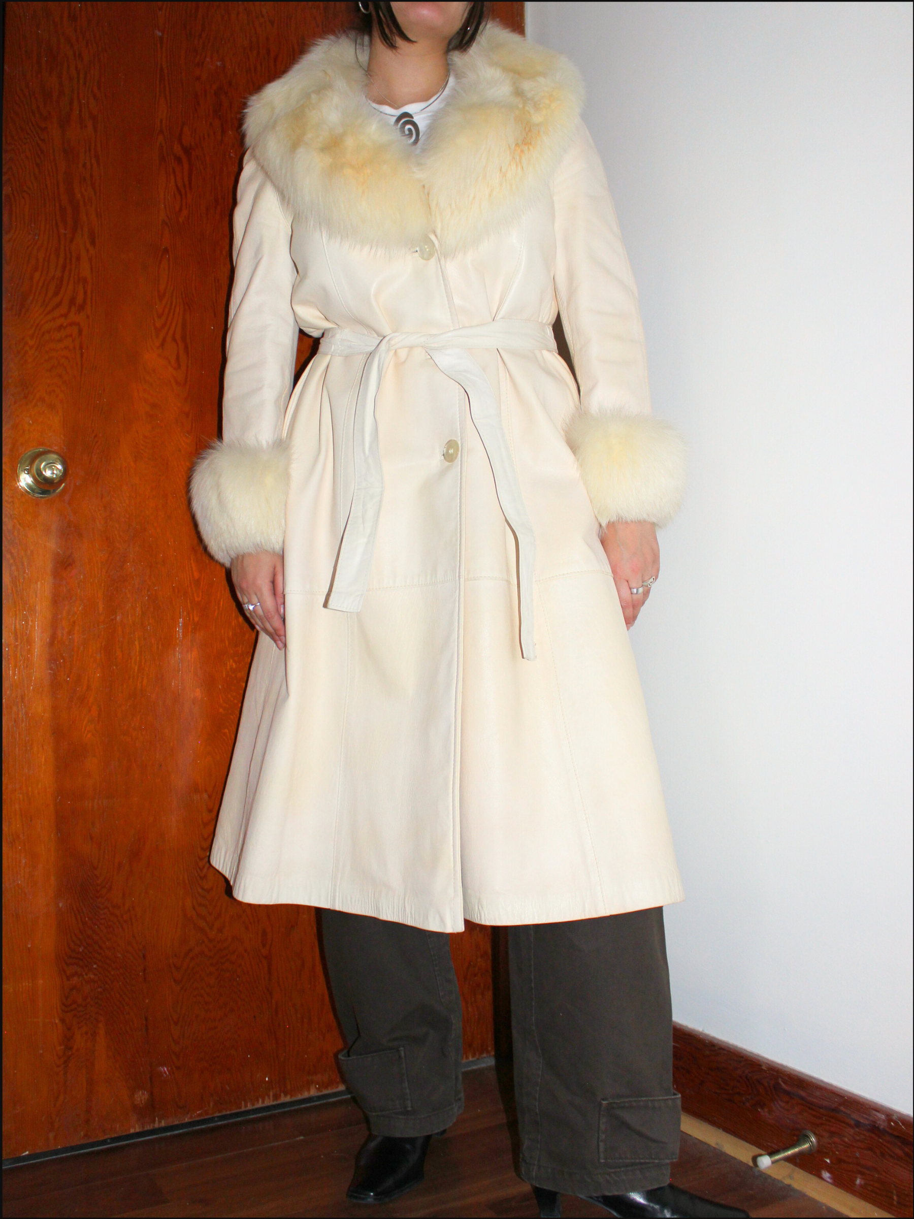 Ivory Leather & Fur Trench — M