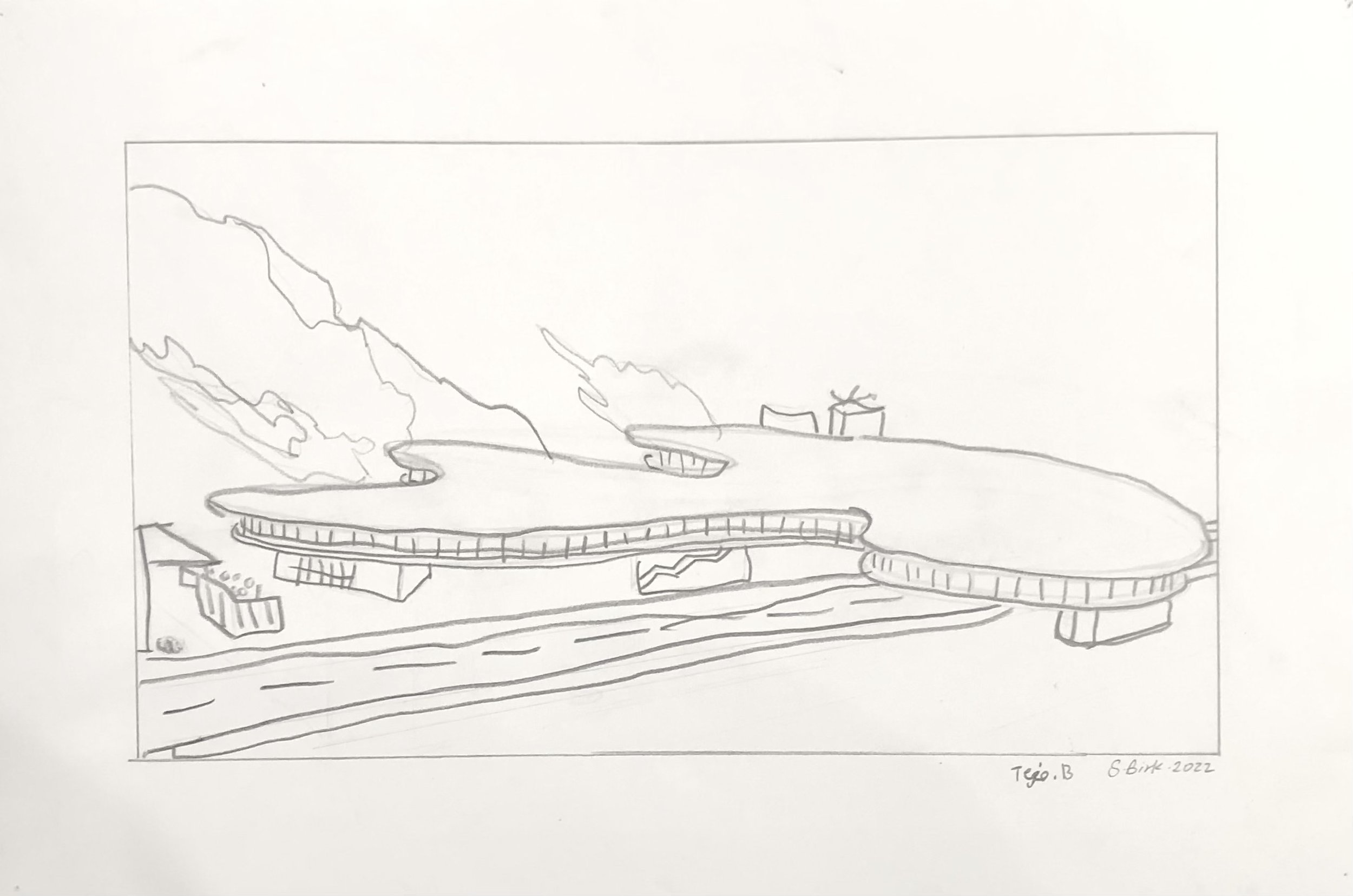 "Museum on Fire #1 (after Ed Ruscha)", 2022. Pencil on Paper, 12" x 18".