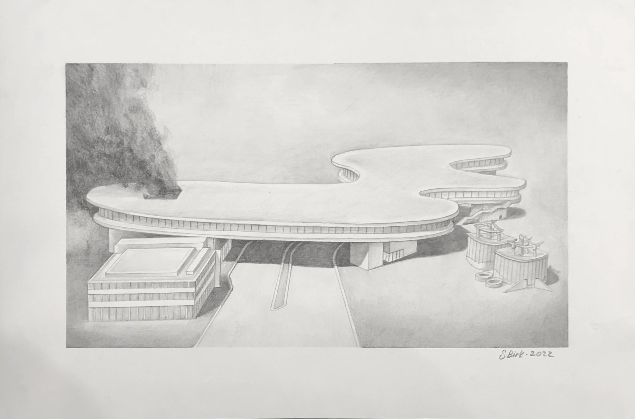 "Study for Los Angeles County Museum on Fire #1" (after Ed Rusha)", 2022, Pencil on Paper, 12" x 18".