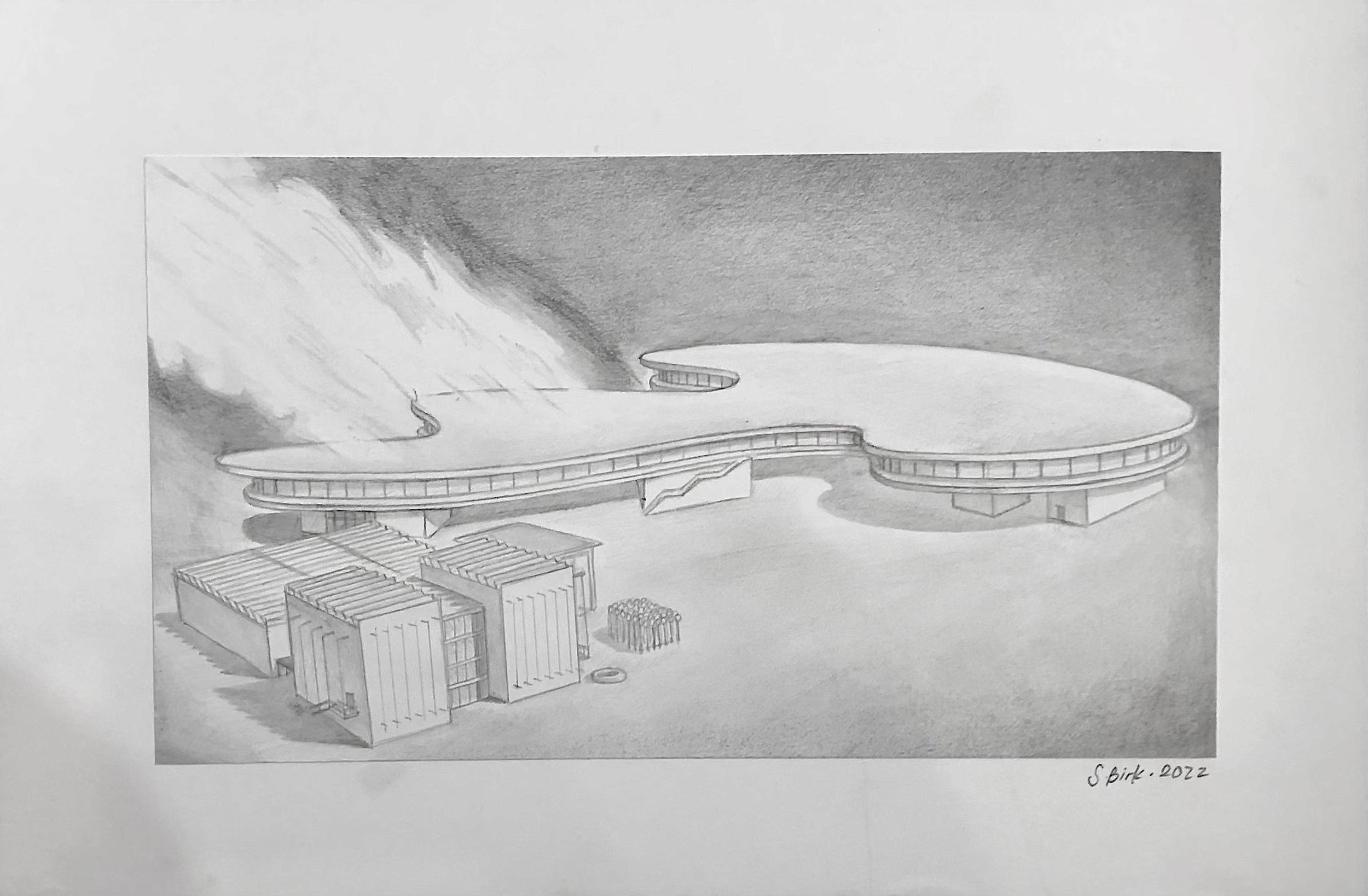 "Study for Los Angeles County Museum on Fire  #2" (after Ed Rusha)", 2022, Pencil on Paper, 12" x 18"