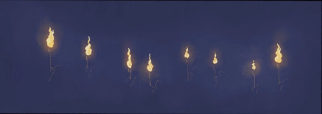 Credit: KaijuA single panel. A row of eight barely lit sillouhetted figures, enveloped in darkness, each carrying a single torch.