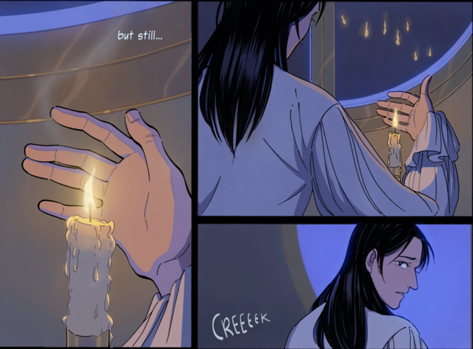 Credit: KaijuA three-panel page. First panel: A close-up of Raziol’s hand as he shields a lit candle Second panel: A rear view of Razor shielding the candle, through the window in the background, a row of torches is visible. Third panel: A rear view…