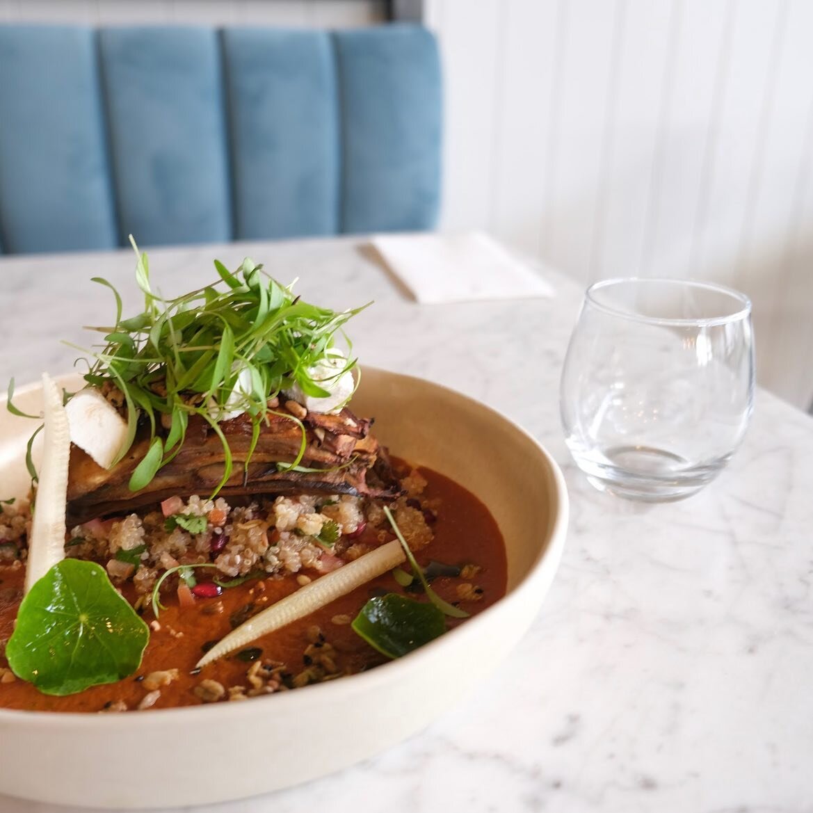 Have you tried our Harissa Eggplant yet? 

With eggplant and harissa soup, eggplant terrine, savoury oat and cumin granola, ancient grain salad, Persian feta, tomato and pomegranate with black lime dressing. 

A delicious warm vegetarian dish that is