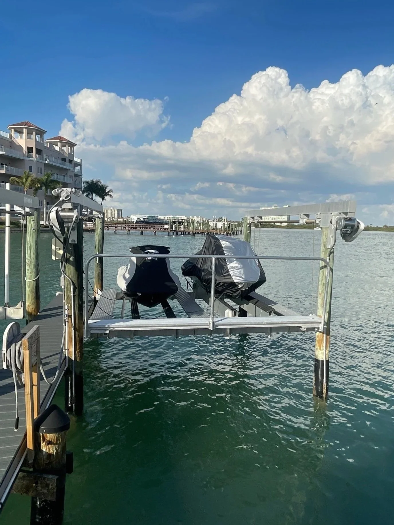 Aluminum handrail installed on a personal watercraft lift in Clearwater FL waterfront property.