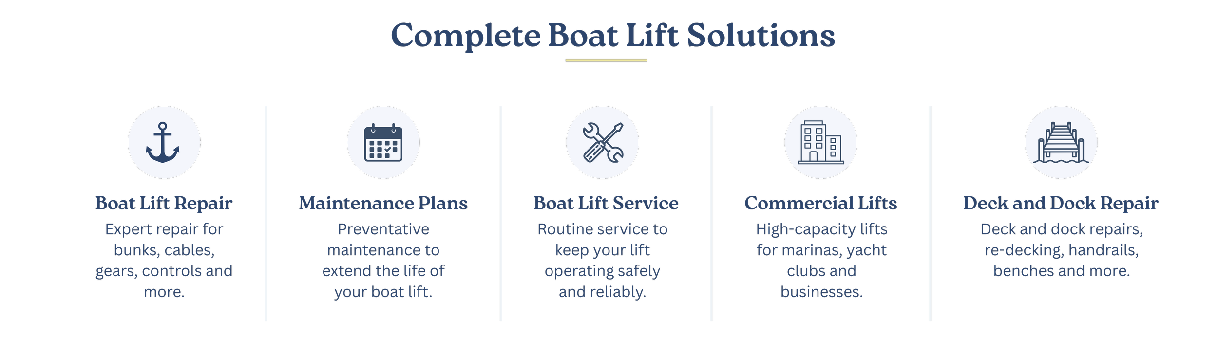 Boat lift repair, maintenance plans, commercial lift service and dock repair solutions in the Tampa Bay area.