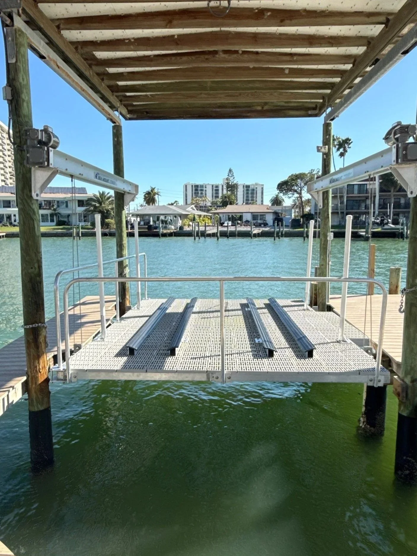 Platform-style double jet ski lift installation in Clearwater Beach, Florida.