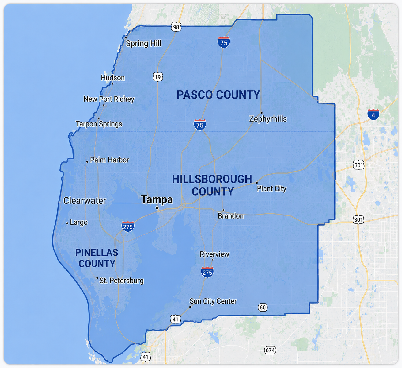 Map showing TBA Boat Lift Service coverage throughout Hillsborough, Pinellas and Pasco County including Tampa, Clearwater, St. Petersburg and surrounding Tampa Bay waterfront communities.