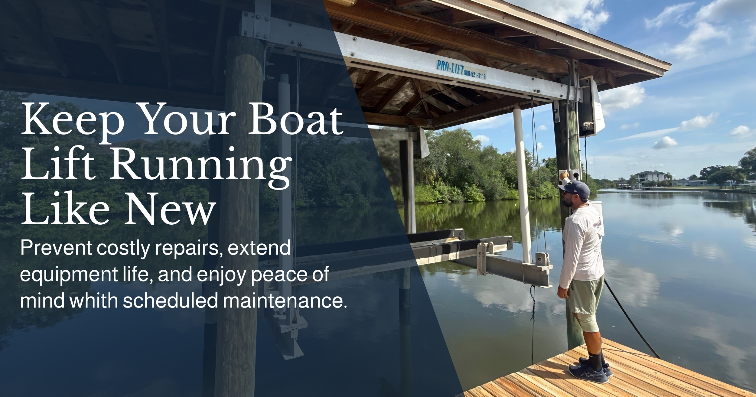 Technician performing boat lift maintenance on a residential waterfront boat lift in Tampa Bay, Florida