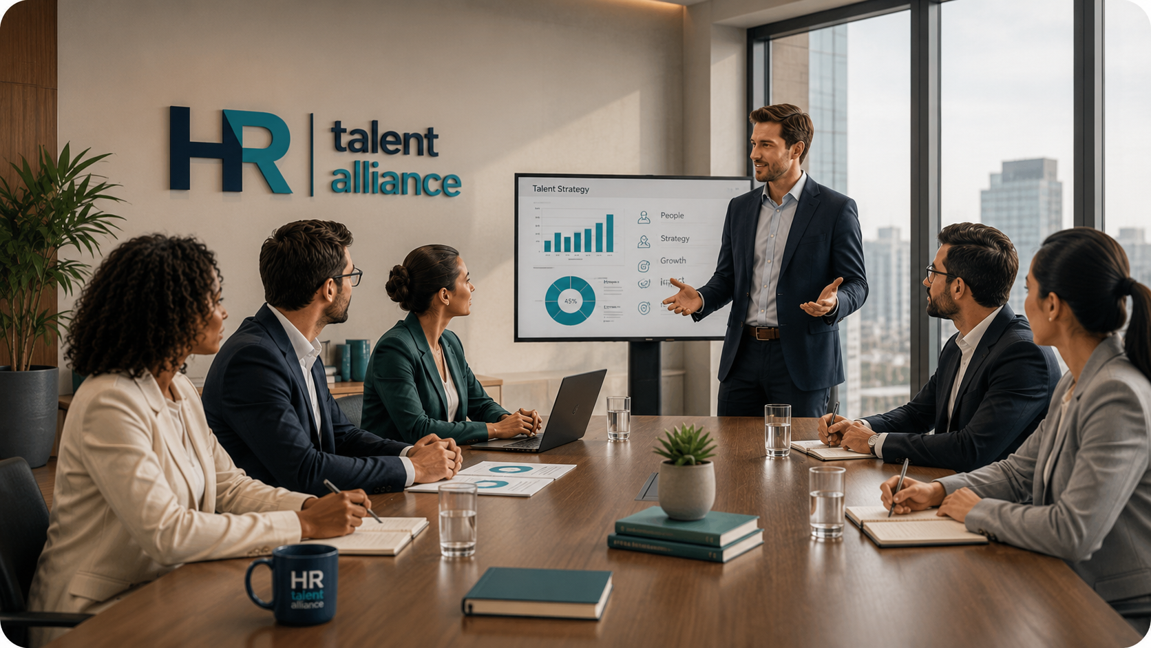 Business meeting in conference room with six professionals seated around a table, a presenter standing next to a screen displaying charts, in front of large windows with city skyline views, HR talent alliance branding on the wall.