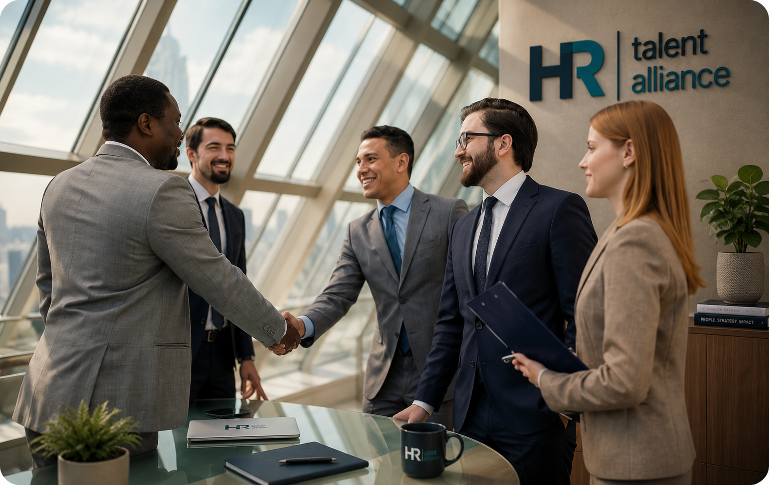 Business professionals at a modern office with large glass windows, shaking hands and smiling, with a sign reading 'HR talent alliance' on the wall.