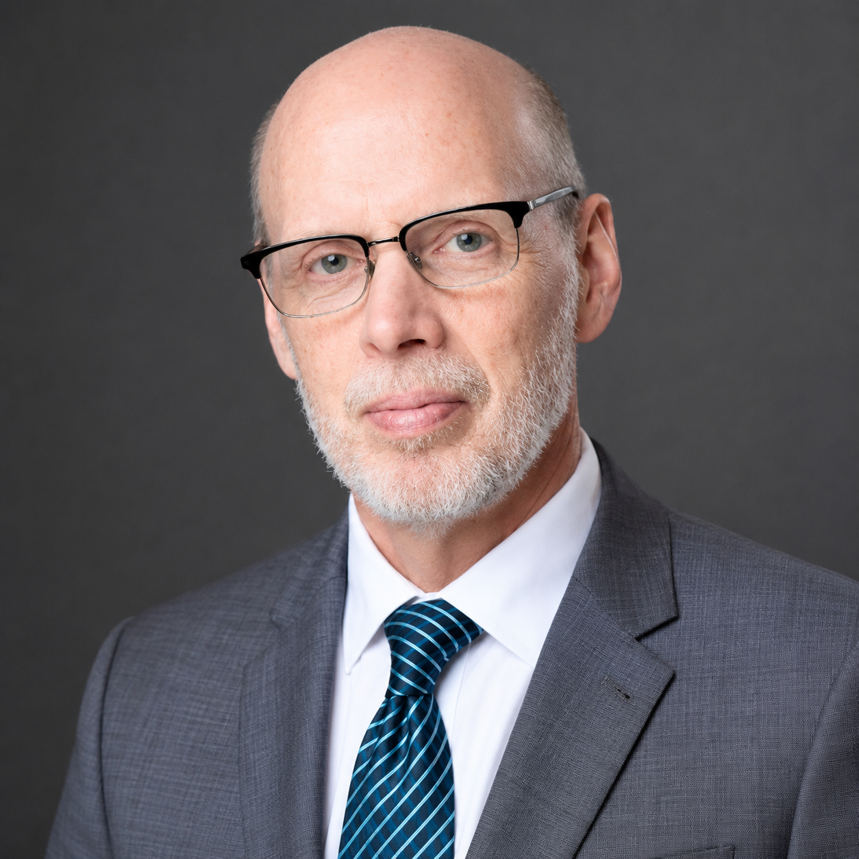 A professional middle-aged man with a white beard and glasses wearing a gray suit, white shirt, and a blue patterned tie, looking into the camera against a dark gray background.