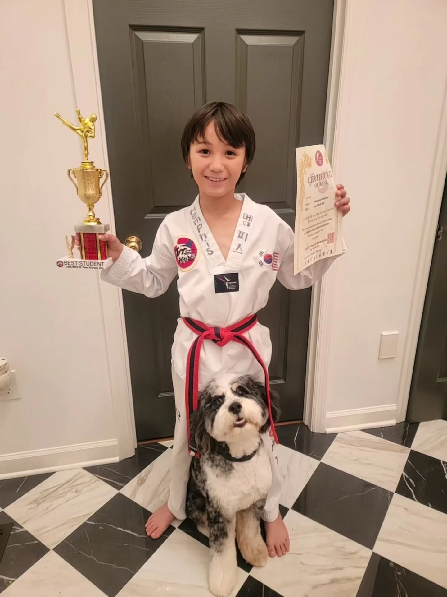 Our family had quite the Veteran's Day Weekend! 😁

M passed his belt testing, and now is only ONE test away from a black belt. He even got a trophy for being the best student during the test day for his poomsae. 

On Sunday, J recommitted herself to