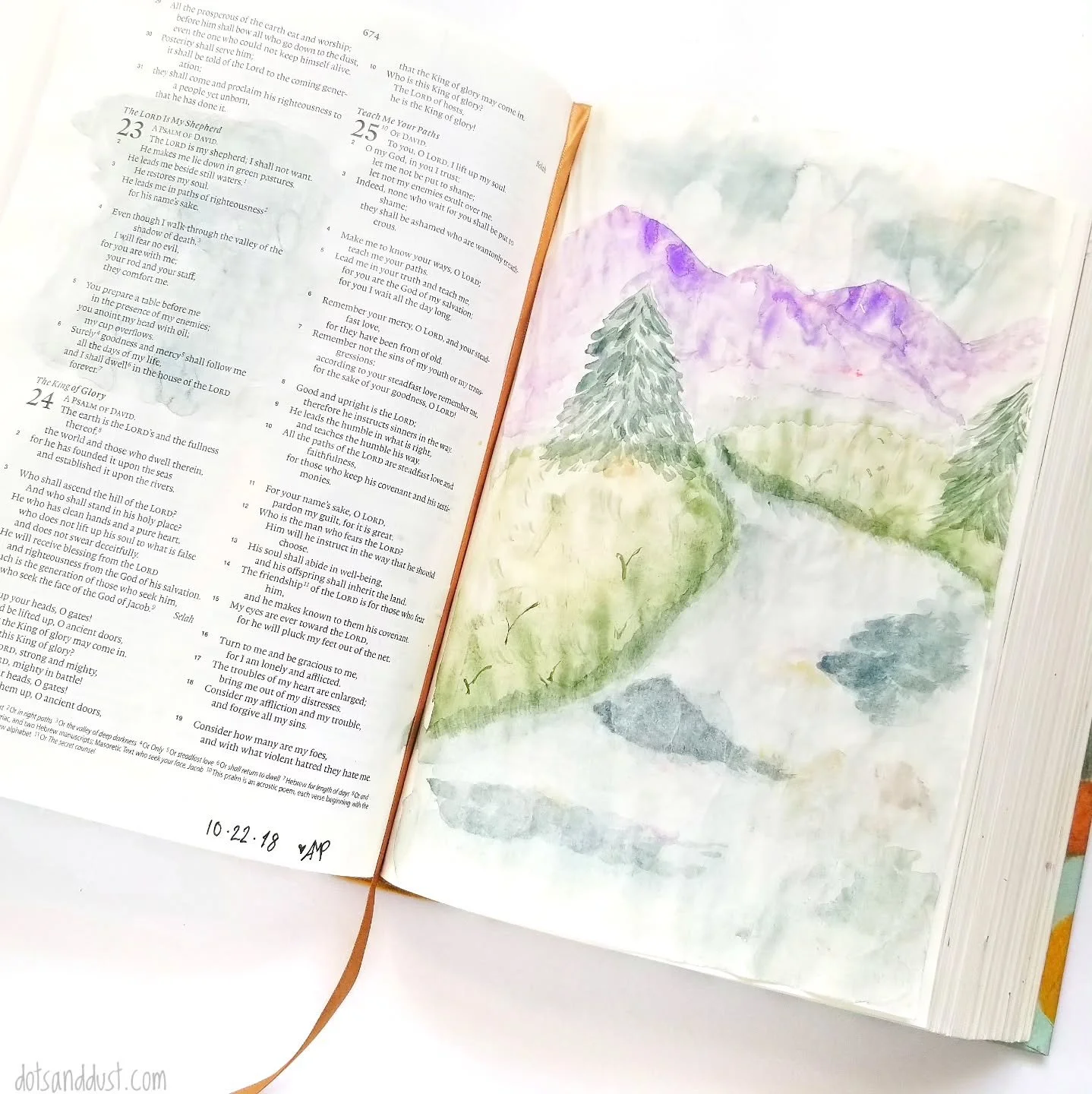 The Lord is my shepherd; I shall not want. He makes me lie down in green pastures. He leads me beside still waters. He restores my soul. He leads me in paths of righteousness for his name&rsquo;s sake. -Psalm 23:1-3

I painted this journaling entry s