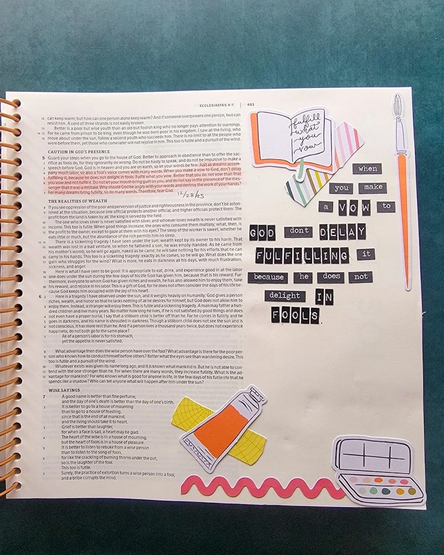 "Just as dreams accompany much labor, so also a fool's voice comes with many words. When you make a vow to God, don't delay fulfilling it, because he does not delight in fools. Fulfill what you vow. Better that you do not vow than that you vow a