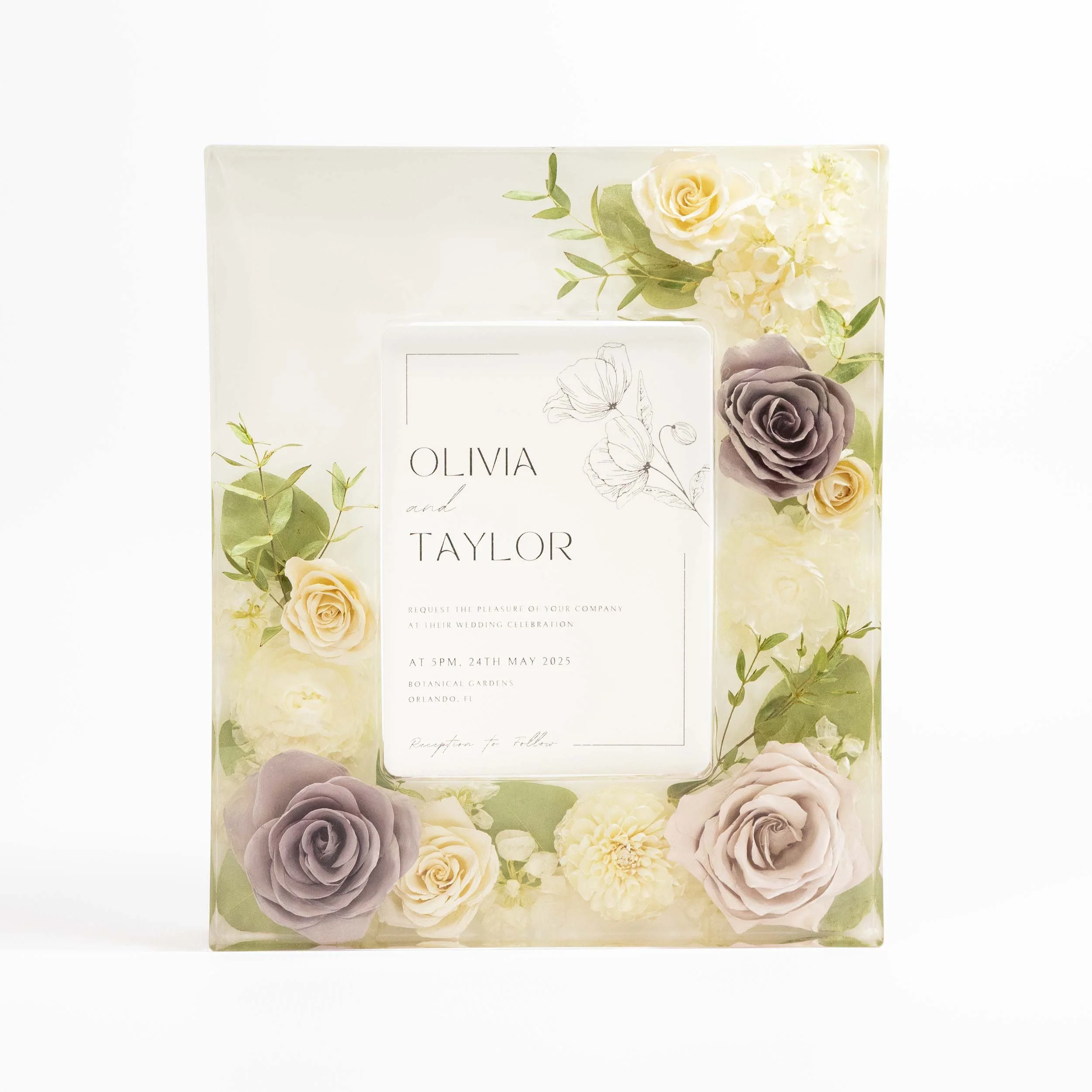 Custom 3D resin floral block preservation with wedding invitation or photo surrounded by preserved bridal bouquet flowers