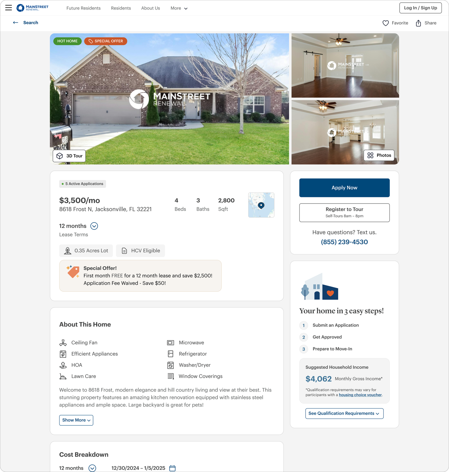 Redesigned Main Street Renewal rental listing page