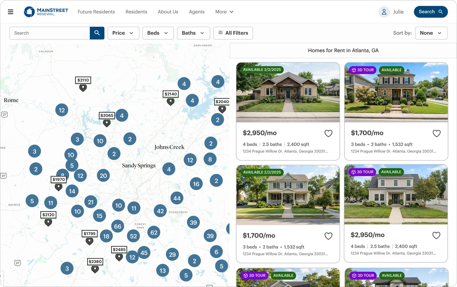 Main Street Renewal rental discovery map and property listings