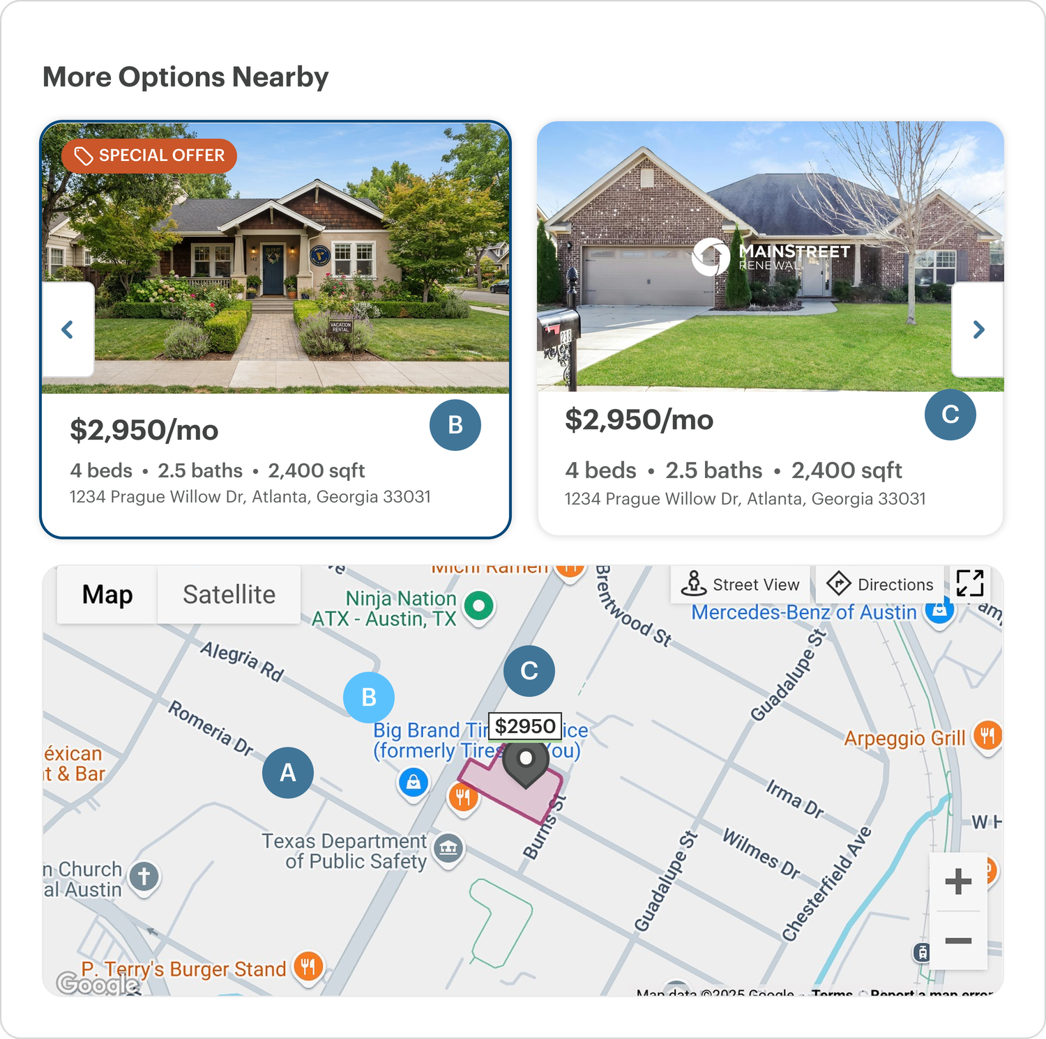 Nearby rental home options with map context