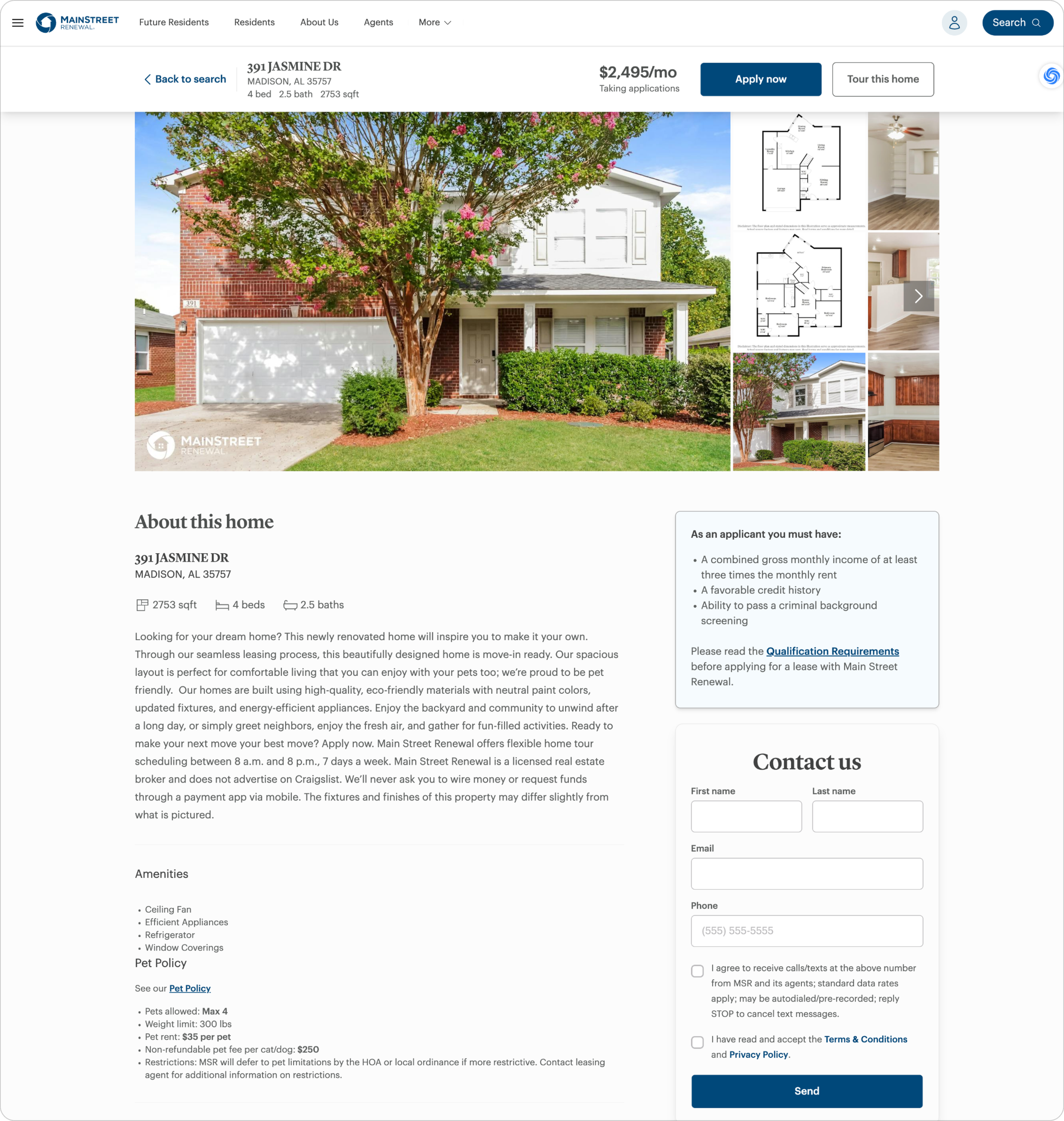 Original Main Street Renewal rental listing page