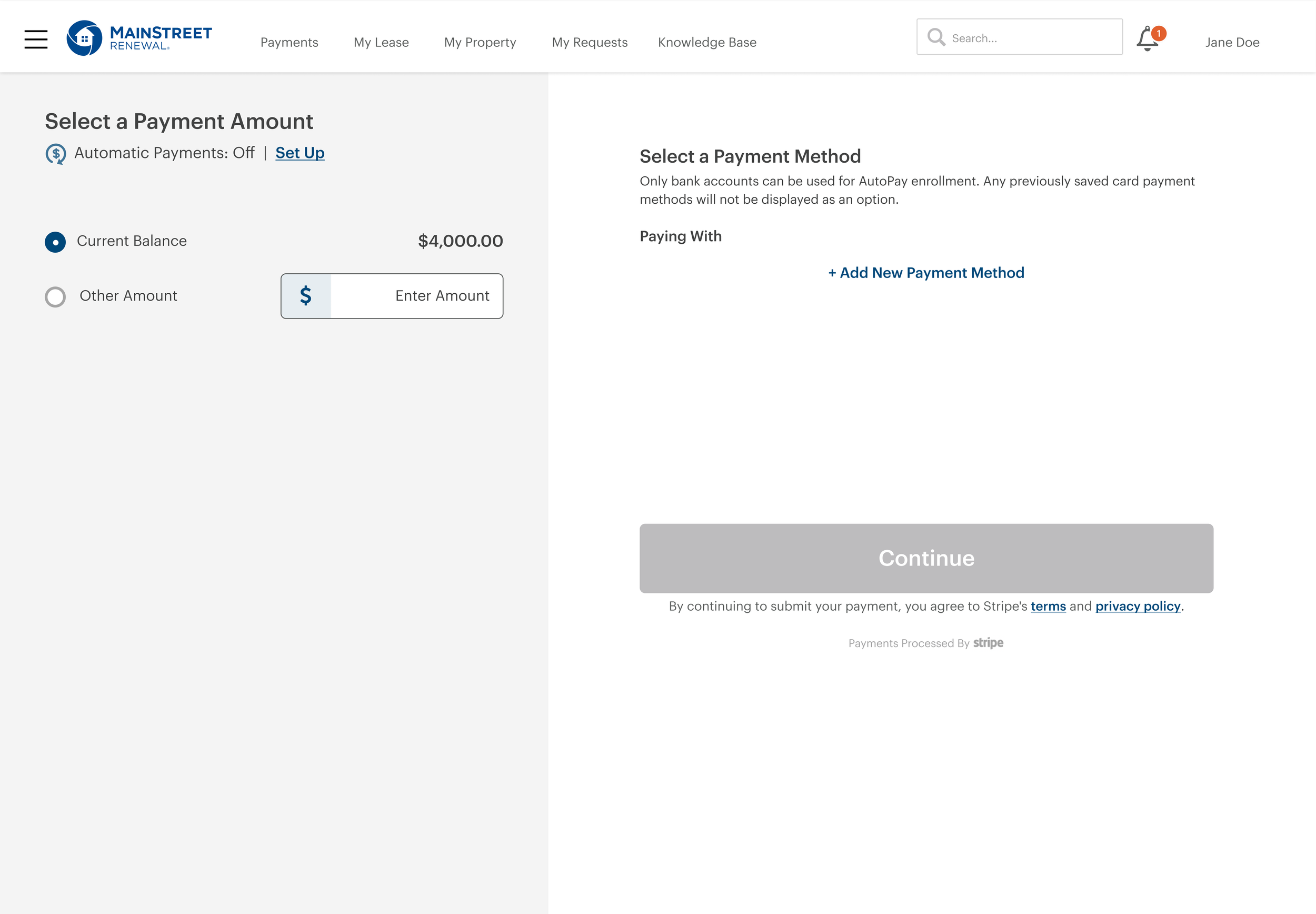 Redesigned Stripe rent payment experience
