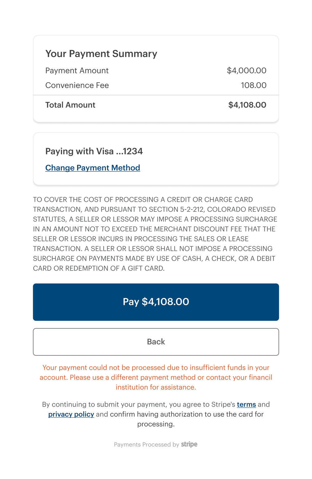 Payment confirmation error state