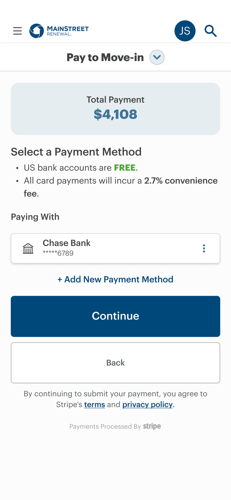 Move-in fee payment experience