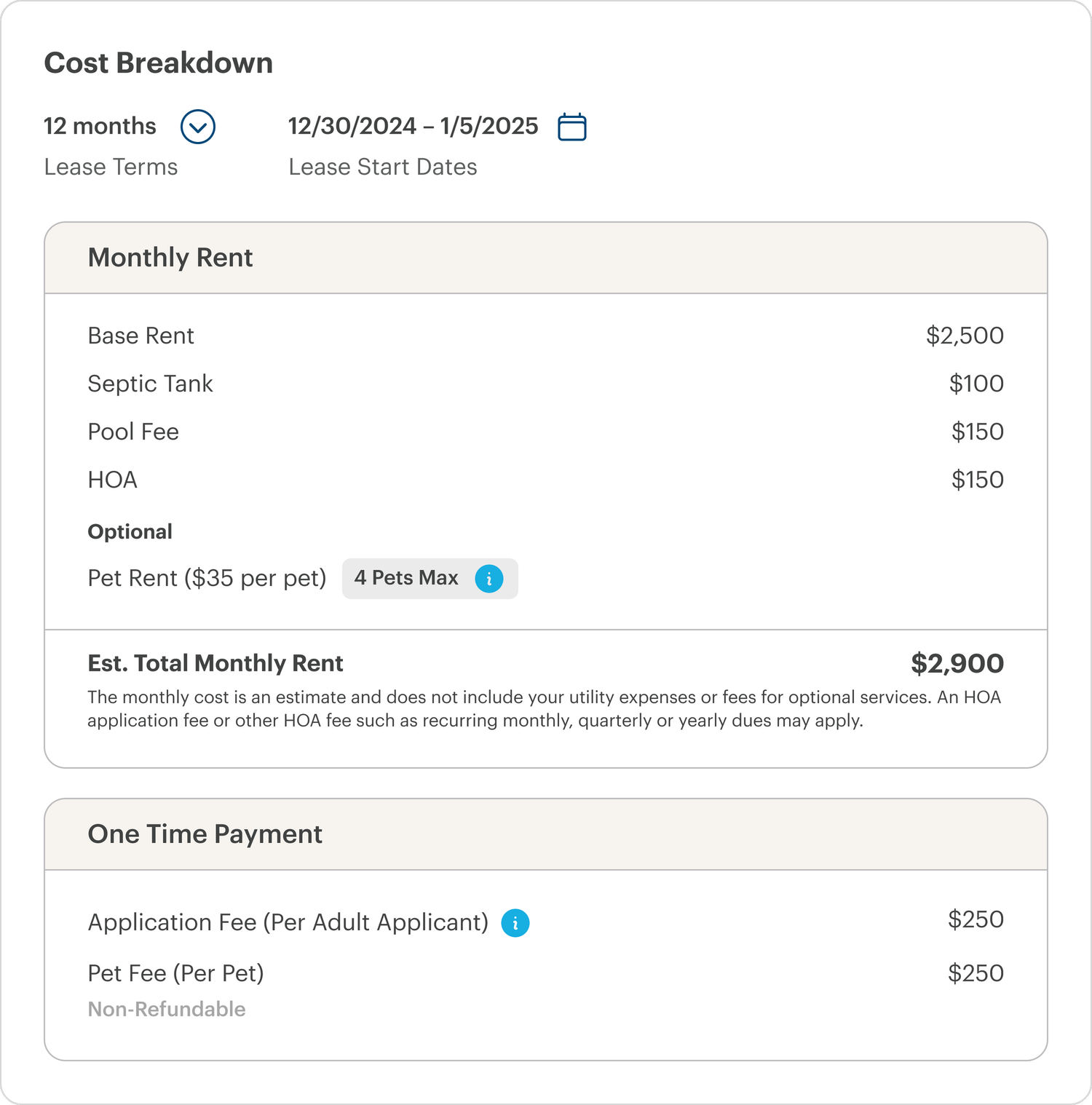 Rental cost breakdown showing monthly and one-time costs