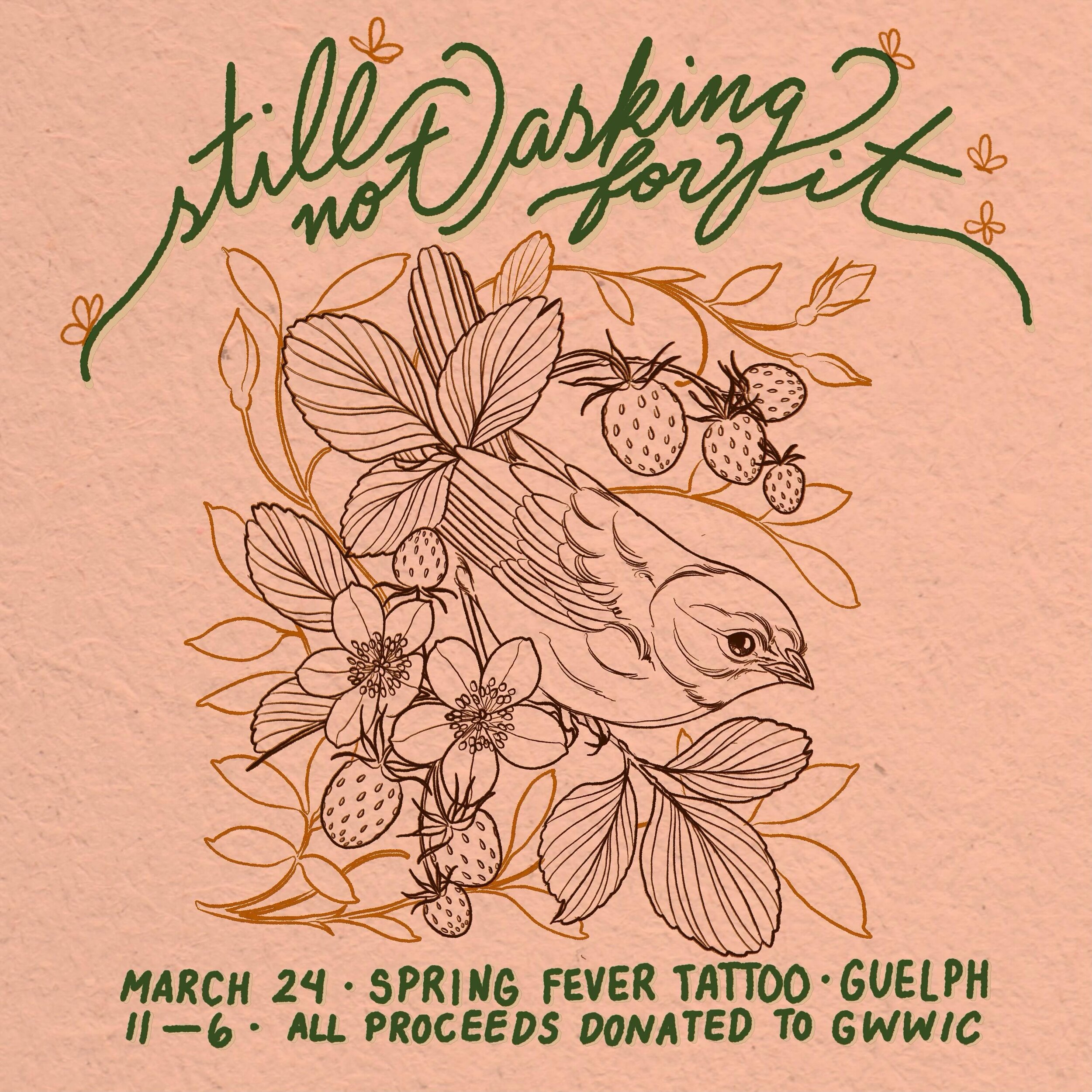 So excited to share that we @springfevertattoo are participating in the @stillnotaskingforit_flashevent this Sunday March 24th!

As we&rsquo;ve done for previous years, 100% of our proceeds will be donated to Guelph-Wellington Women in Crisis @gwwic 