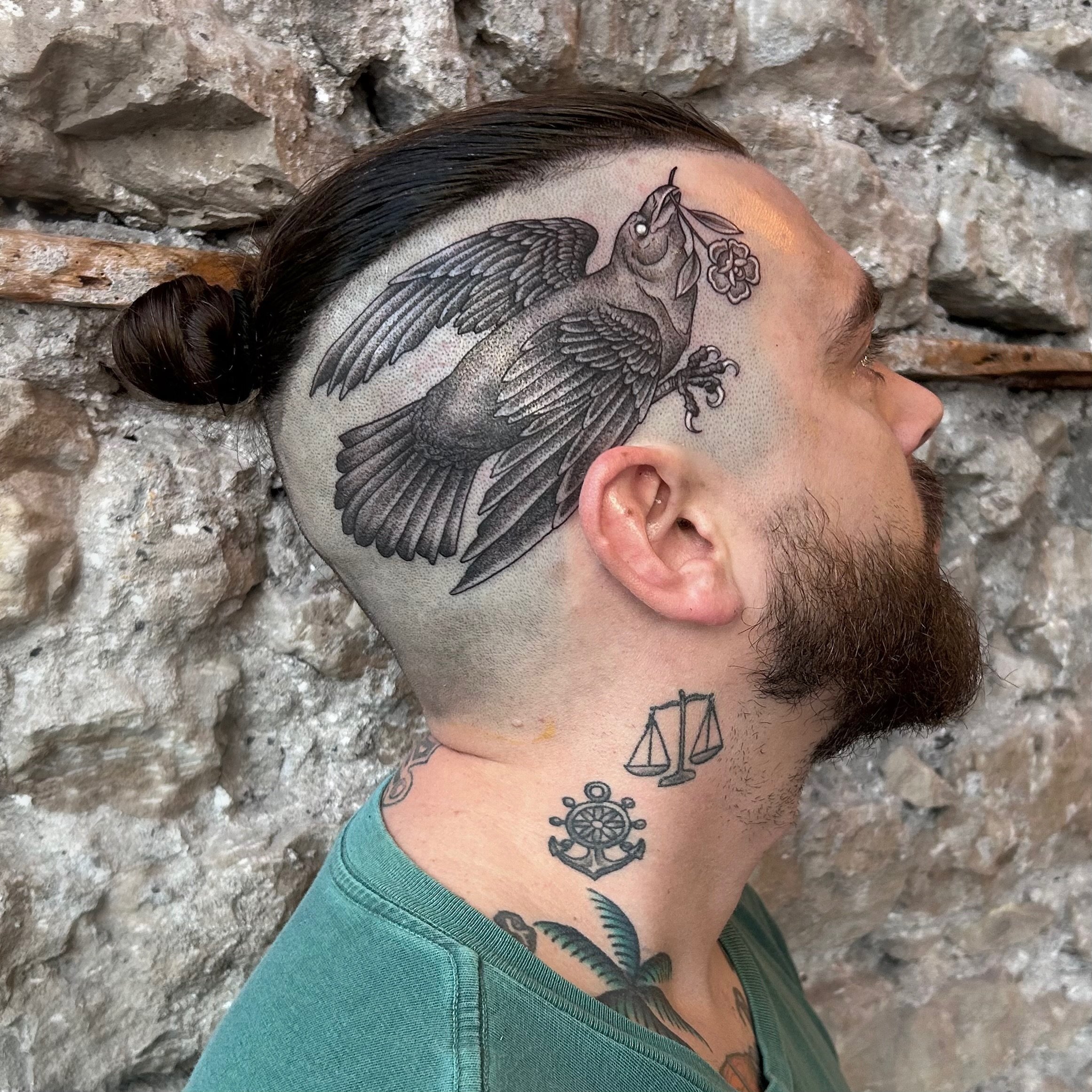 May I tattoo your heads? Kyle trusted me with this crow yesterday (he&rsquo;s the best) and I would love to make more pieces like this! Maybe some cool florals creeping around the ear? Think about it 🧏&zwj;♀️