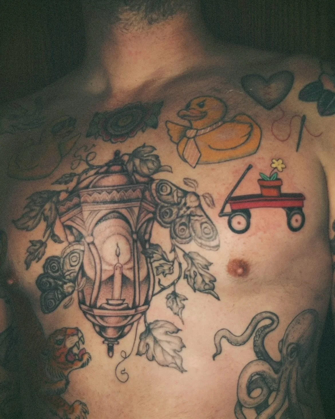 Dear diary, on Saturday we finished shading Jordan&rsquo;s sternum piece and finally found a spot for the red wagon he&rsquo;s been wanting to get tattooed. I&rsquo;m really happy with how the tiger healed up from our previous session too. Also @real