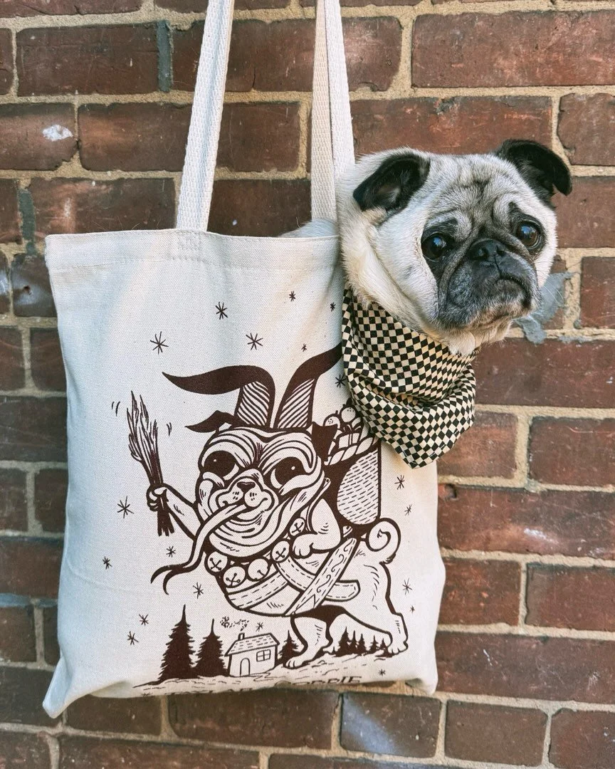 Ding, dong! Klempus is here to let you know it&rsquo;s time to retire that crusty, dusty tote. My limited run Krampus Pug totes will be available first at our Holiday Market at @springfevertattoo this Sunday, 11-3! We&rsquo;ll be clearing out the mai