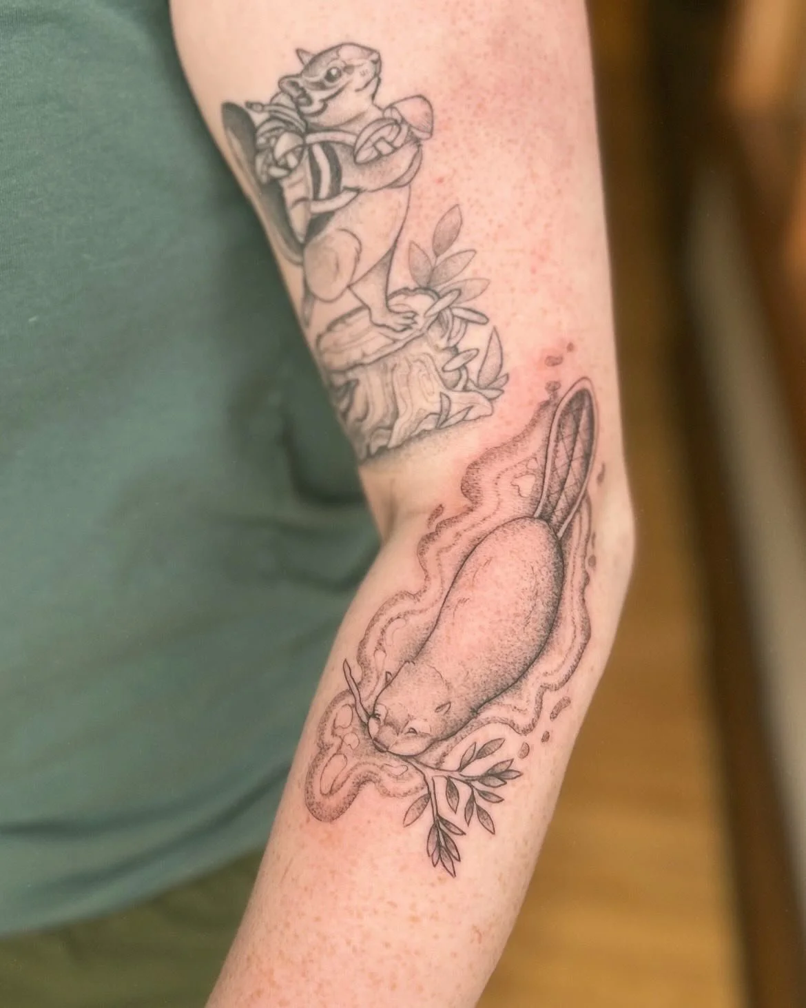 Happy to see this chipmunk that we tattooed about 2 years ago all healed up. We also added this busy beaver to Grace&rsquo;s arm. Where&rsquo;s he going? Building a home? Bringing an offering to the potluck?