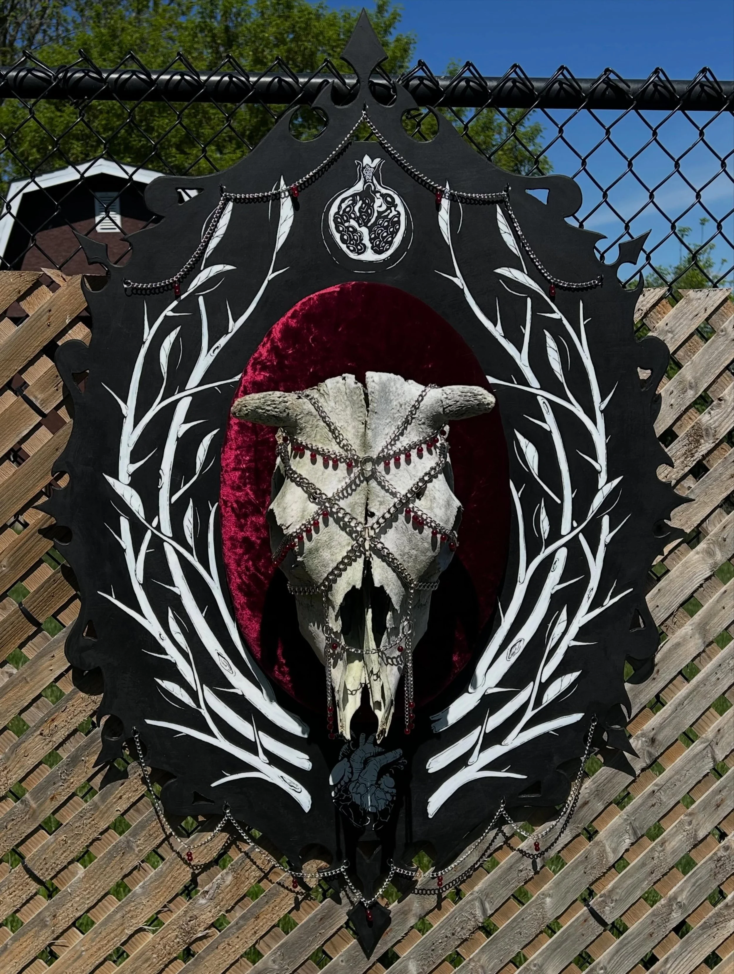 My art piece for the @gauntlet.tattoo &ldquo;Death and Rebirth&rdquo; art show 🖤
Her name is &ldquo;Anthesterion&rdquo; and she is for sale.

Cow skull, chain and beadwork, wood and valour cushion mounting, and paint.

Anthesterion; the Ancient Gree