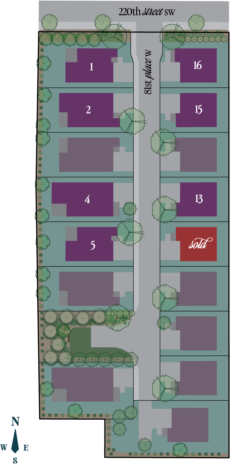Site Map for the community of Rosewood Manor in Edmonds, Washington. 16 homes around a dead end road.