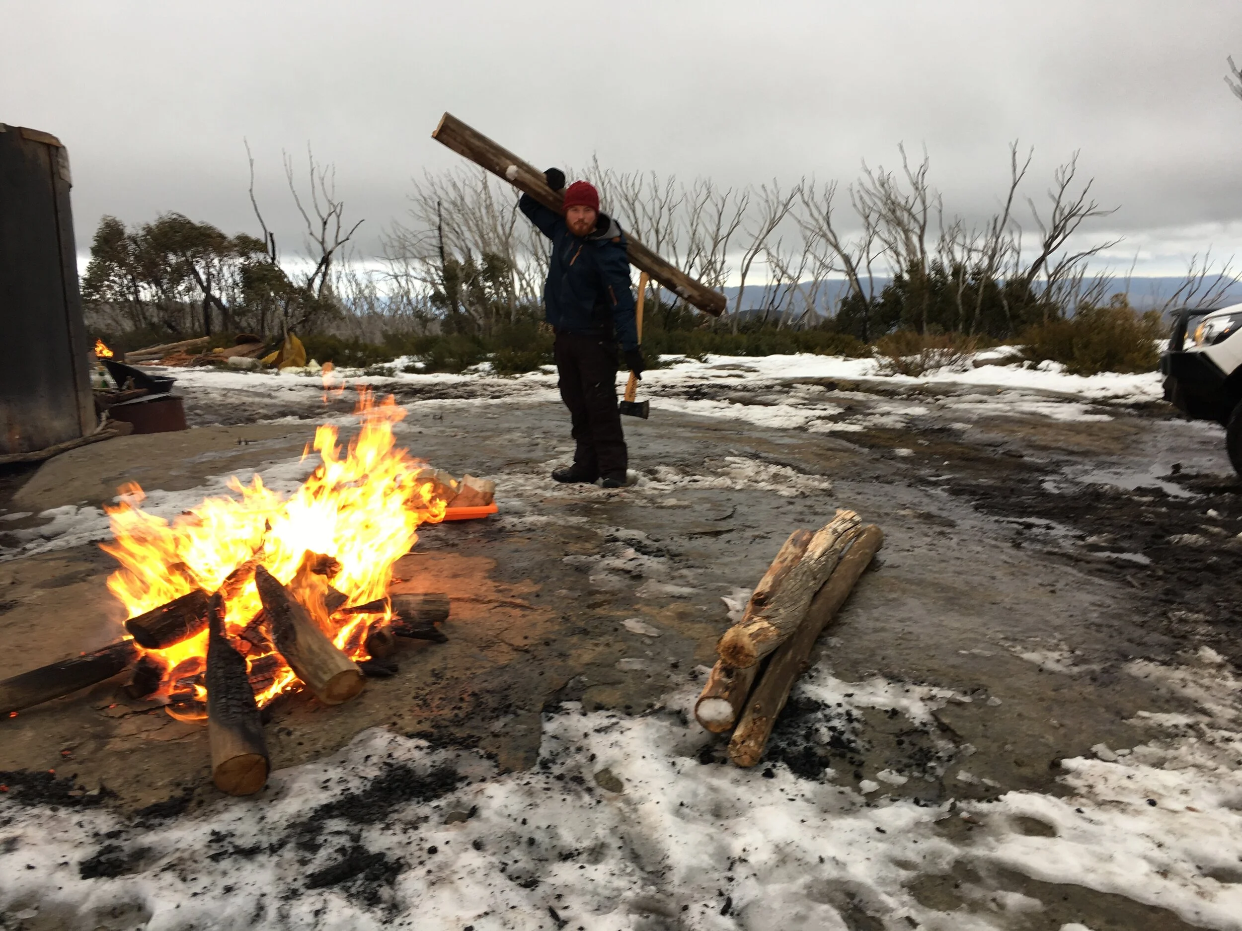 Chopping firewood on top of Lake Mountain, VIC for 'True History of the Kelly Gang'