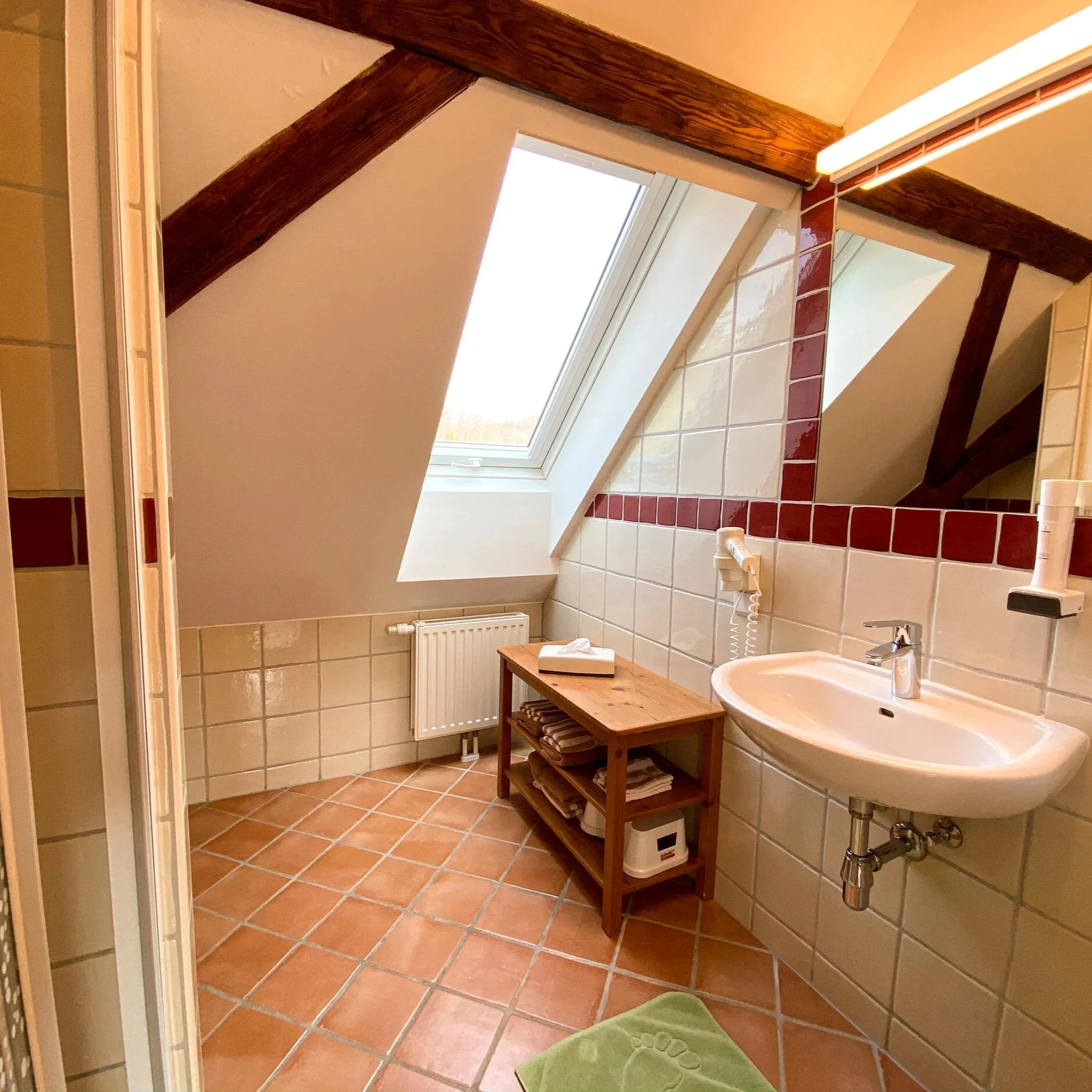 Badezimmer mit Dusche in der Ferienwohnung Heuboden