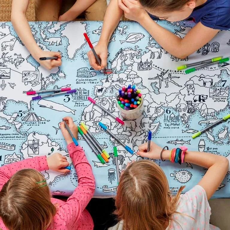 world map tablecloth - colour in & learn