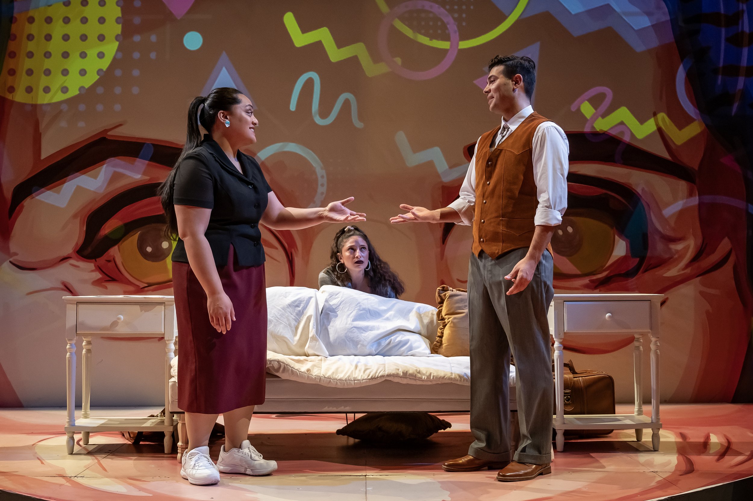   'Anaseini Katoa as Esmeralda, Tenley Stitzer as Jacqueline and Derek Garza as Whaley in Mosaic Theater’s production of  Nancy  by Rhiana Yazzie. Photo by Chris Banks.  