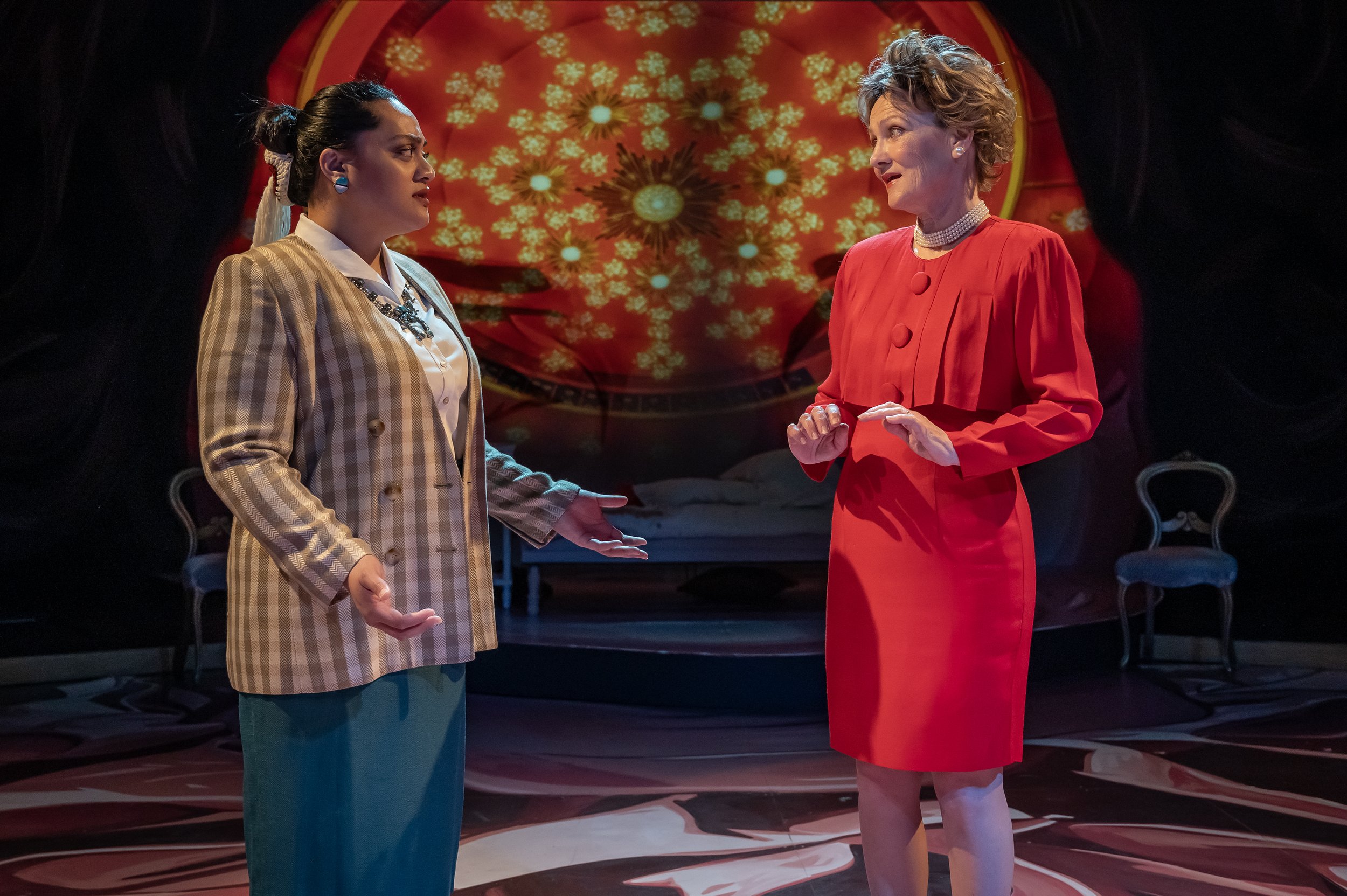   'Anaseini Katoa as Esmeralda and Lynn Hawley as Nancy Reagan in Mosaic Theater’s production of  Nancy  by Rhiana Yazzie. Photo by Chris Banks.  