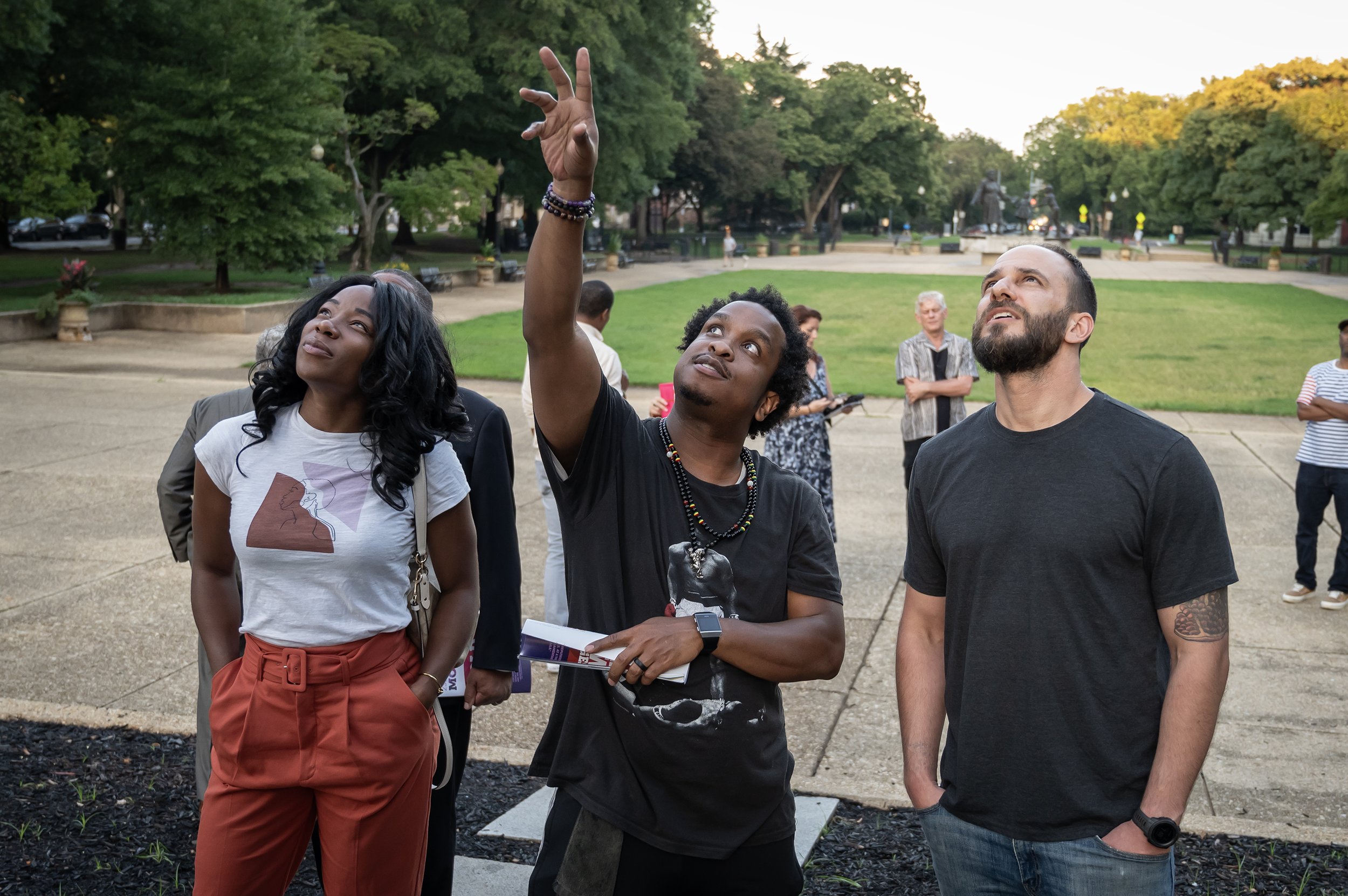   Cast Members Renee Elizabeth Wilson, Louis E. Davis and Jonathan Feuer during a visit to the Emancipation Memorial in Lincoln Park. Photo by Chris Banks.  