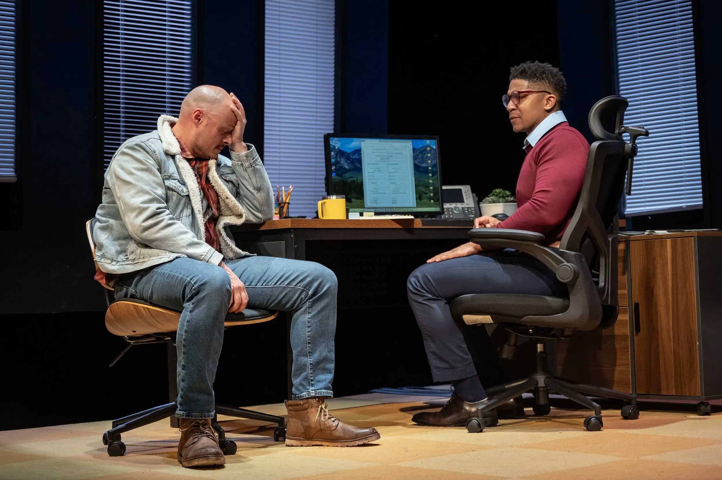  Lee Osorio as Ryan and Jaysen Wright as Keith in Mosaic Theater’s production of  A Case for the Existence of God  by Samuel D. Hunter. Photo by Chris Banks. 