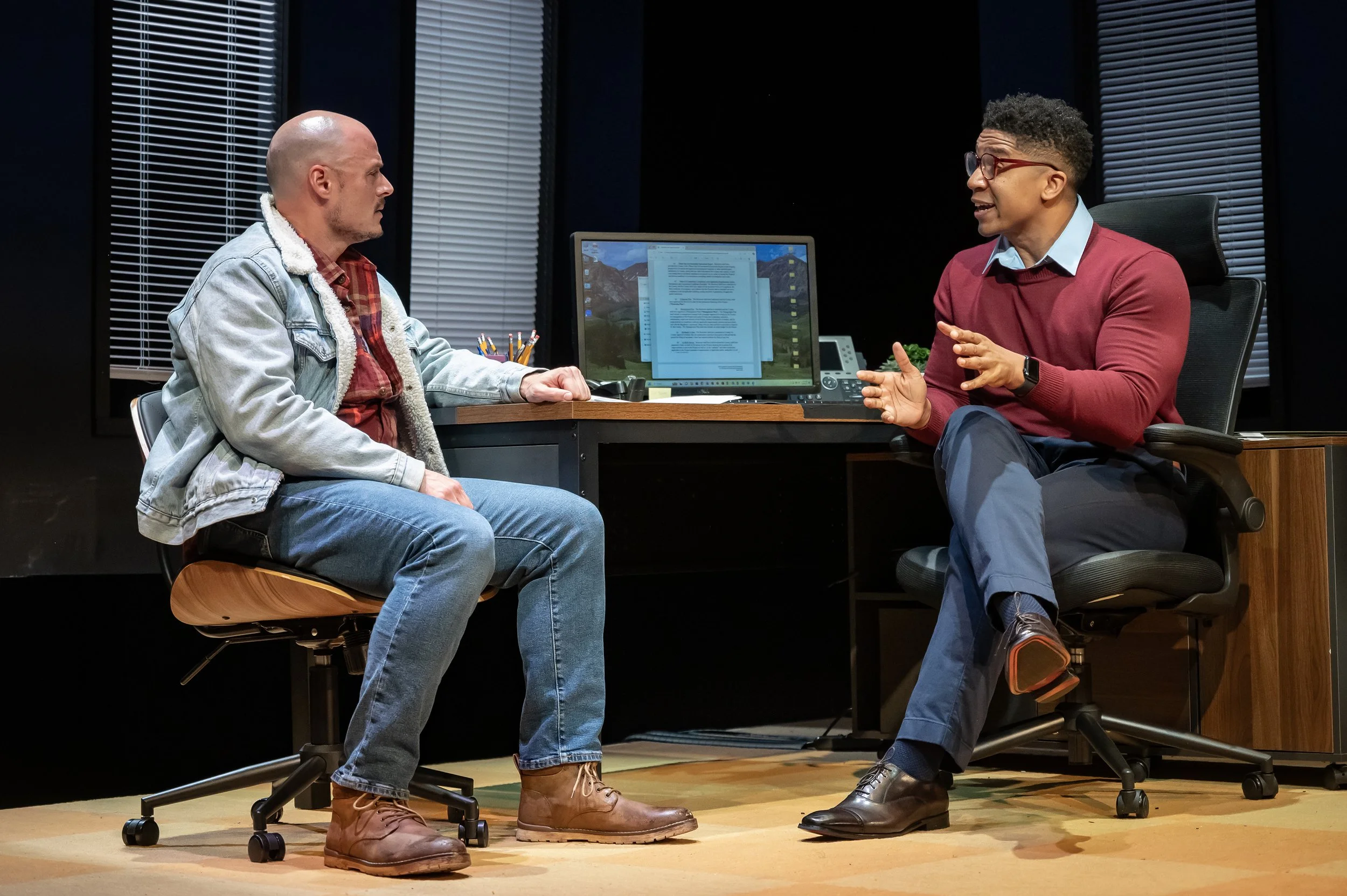  Lee Osorio as Ryan and Jaysen Wright as Keith in Mosaic Theater’s production of  A Case for the Existence of God  by Samuel D. Hunter. Photo by Chris Banks. 