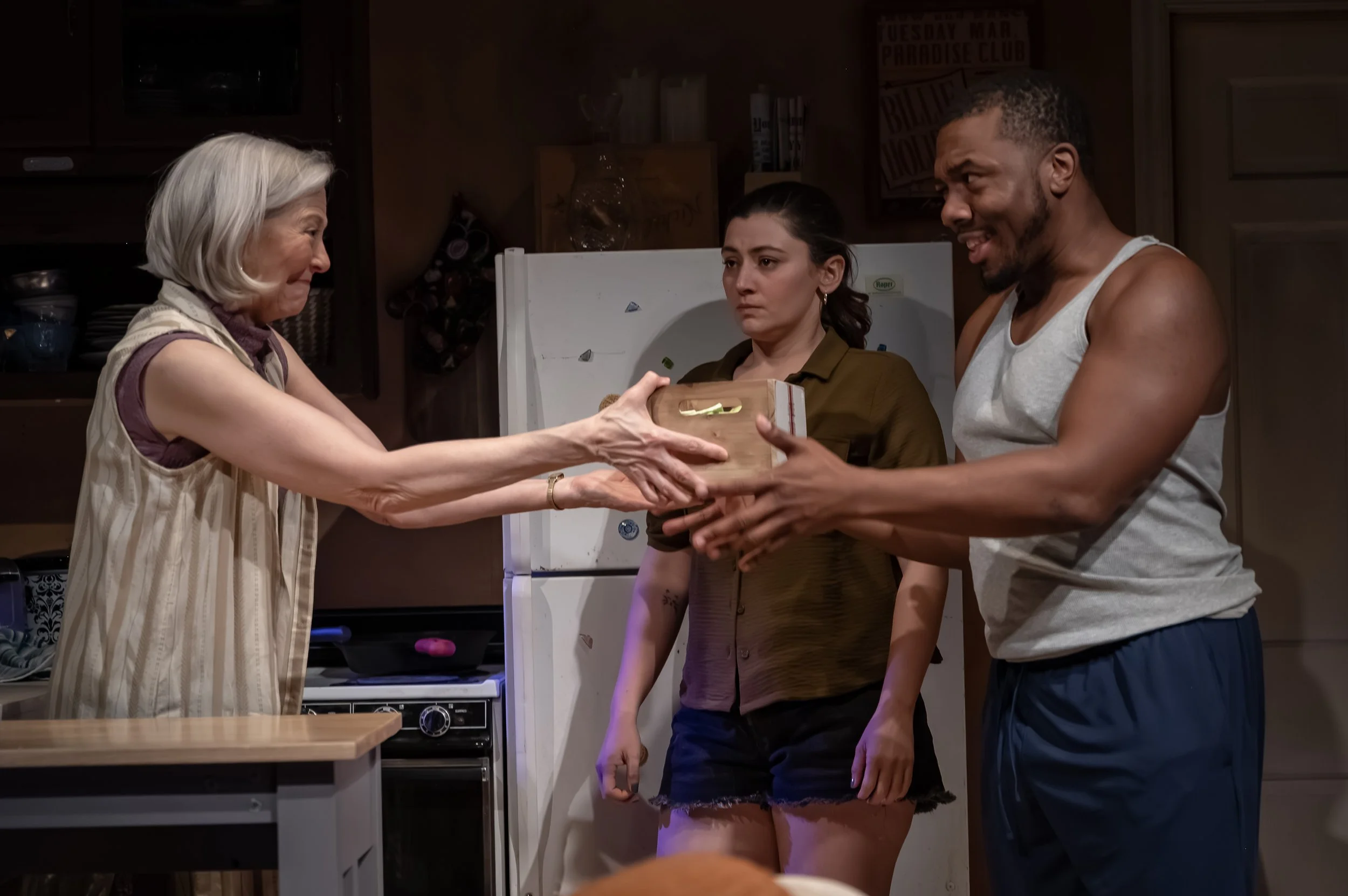  Kim Schraf, Zoe Walpole, and Jonathan Del Palmer in Mosaic Theater’s production of  Precarious  by Steph Del Rosso. Photo by Chris Banks. 