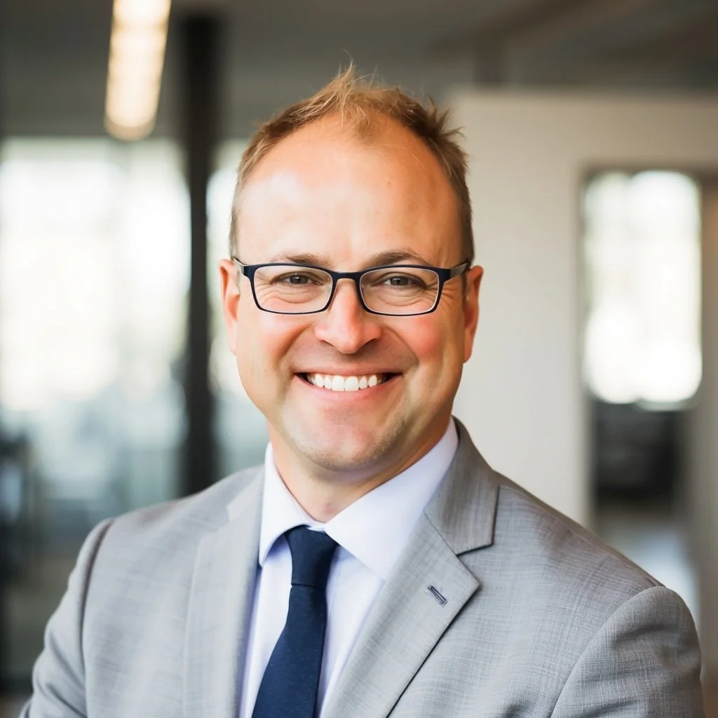 A smiling man with glasses and short blond hair, wearing a dark blue jacket, sitting indoors near a window with frosted stripe glass.
