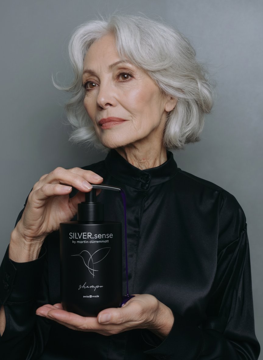 SILVER.sense Haarpflege von Martin Dürrenmatt ► Model mit Shampoo • Leave in Conditioner • Graues, weisses + blondiertes Haar • Vorteile entdecken.