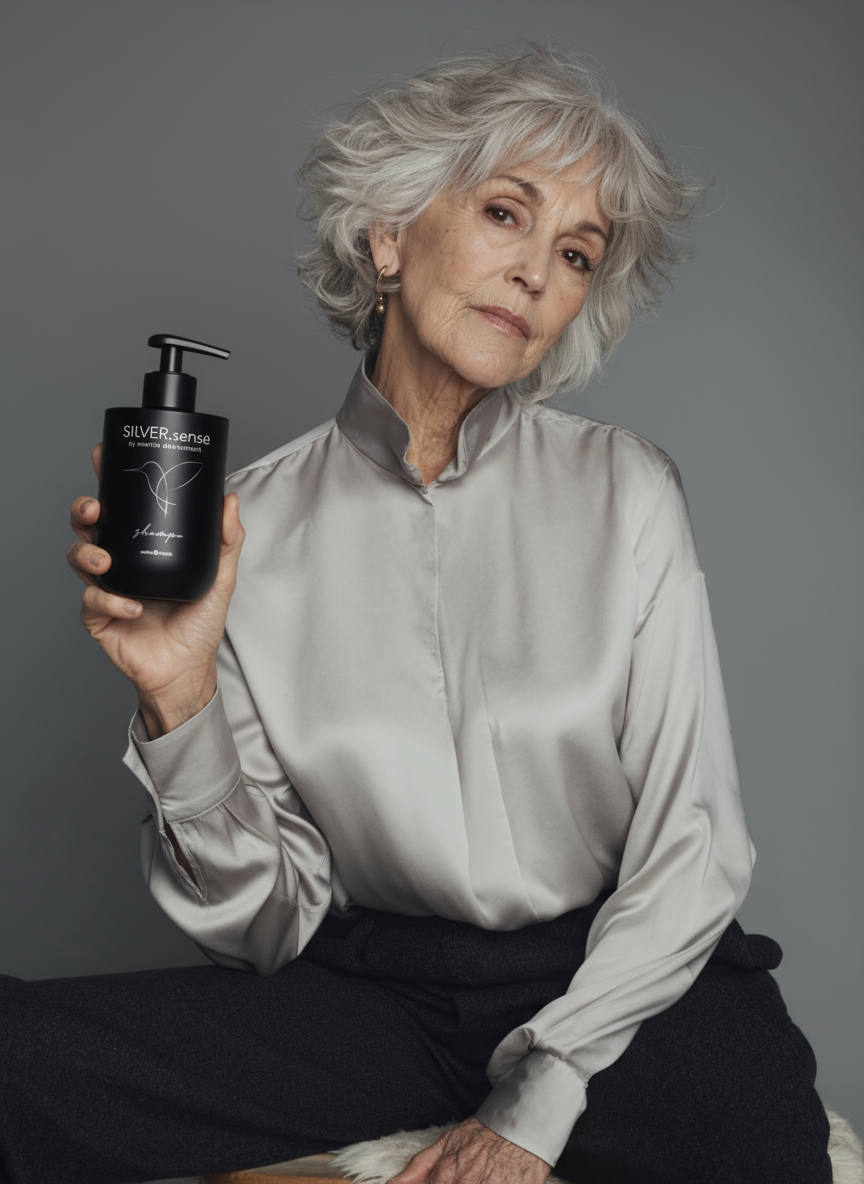 SILVER.sense Haarpflege von Martin Dürrenmatt ► Model mit Shampoo • Graues, weisses + blondiertes Haar • Mehr als nur Farbpflege • Vorteile erfahren.