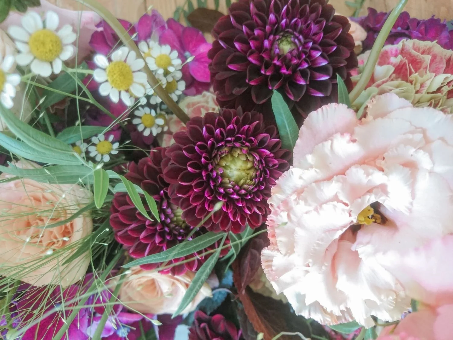 Bordeaux dahlias, pink lisianthus, chamomile flowers. 