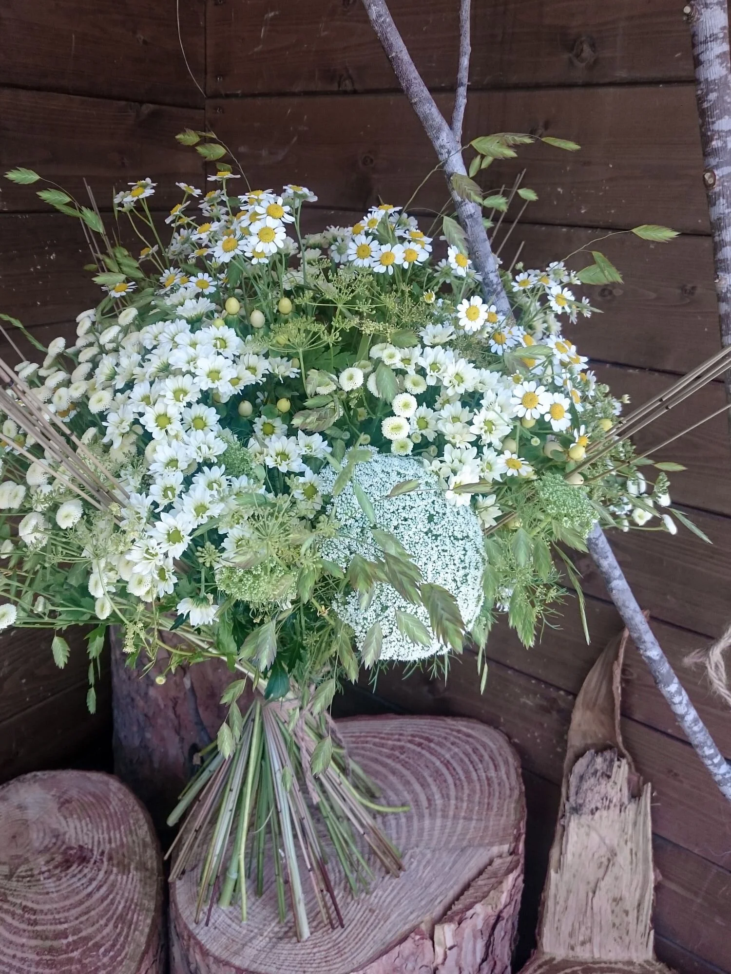 White summer bouquet of chamomile and daisies. Bouquet di fiori estivi bianchi, camomilla e margherite.