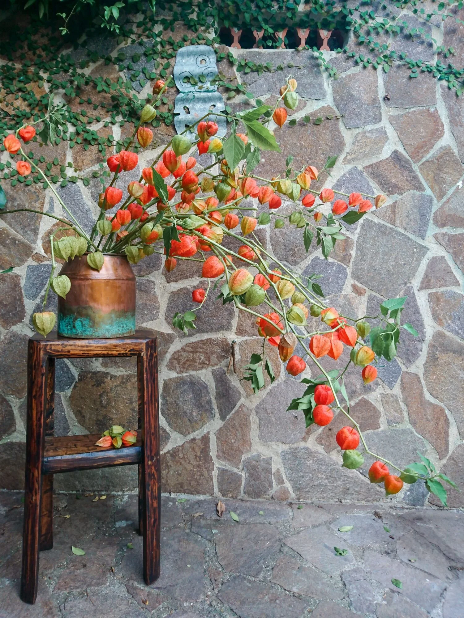 Copper and turquoise vase of orange alkekenji, or pysalis, placed on a wooded barstool. Vaso di rame colore turchese con i alkekenji, o physalis colore arancione. Appoggiato su un scabello di legno.