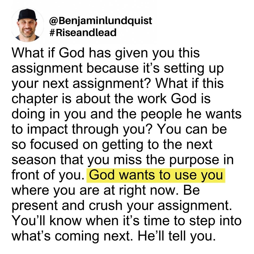 Type &ldquo;amen&rdquo; if you agree. Your current assignment has purpose. 🙏🏽
-
@Benjaminlundquist #Riseandlead #leadership #faith #motivation #inspiration #hope #words #wordstoliveby